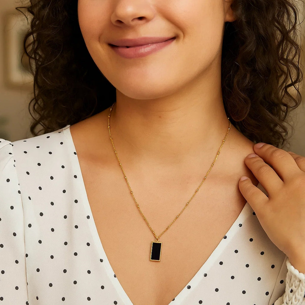 Black Onyx Rectangle Necklace in 14K Yellow Gold, worn