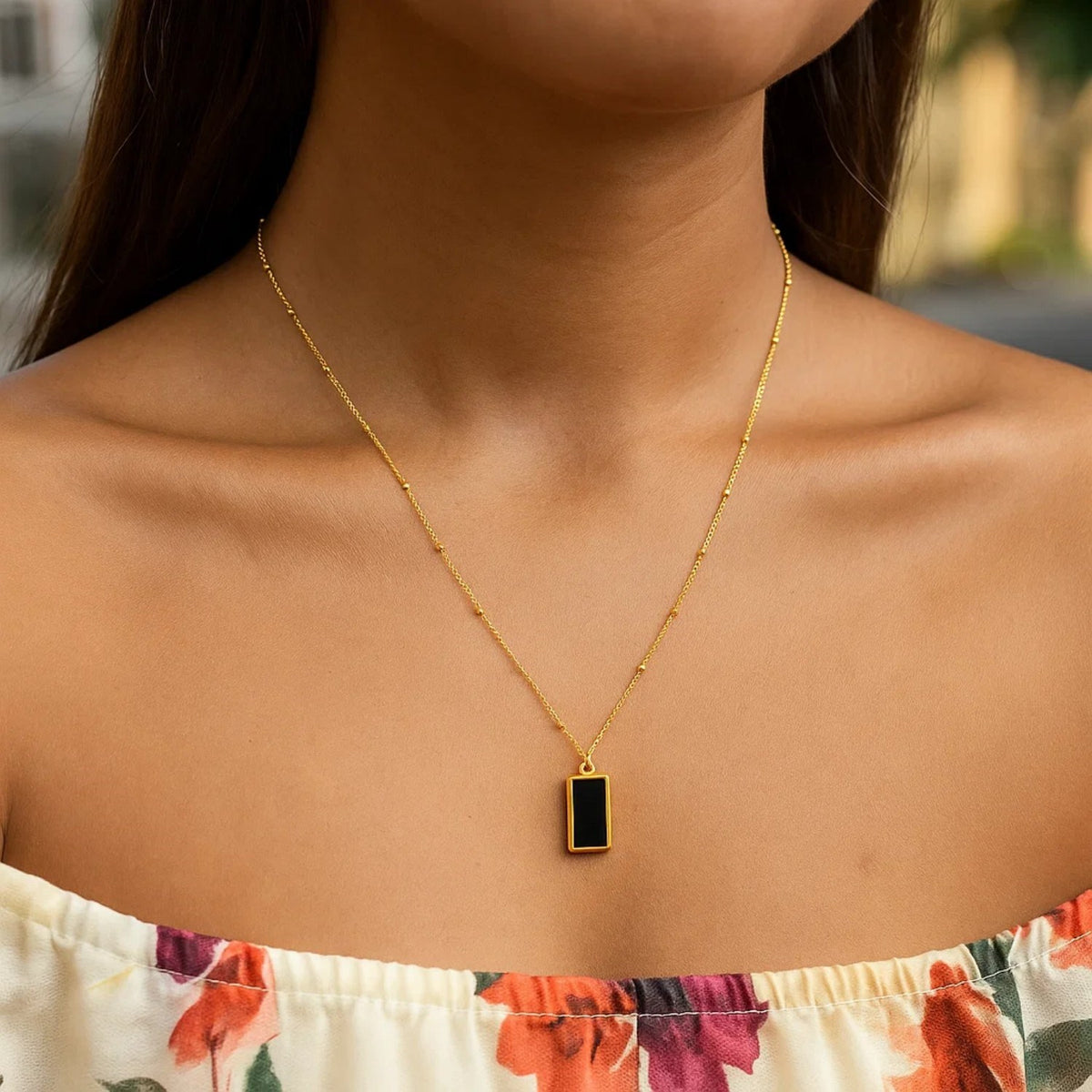 Black Onyx Rectangle Necklace in 14K Yellow Gold, worn