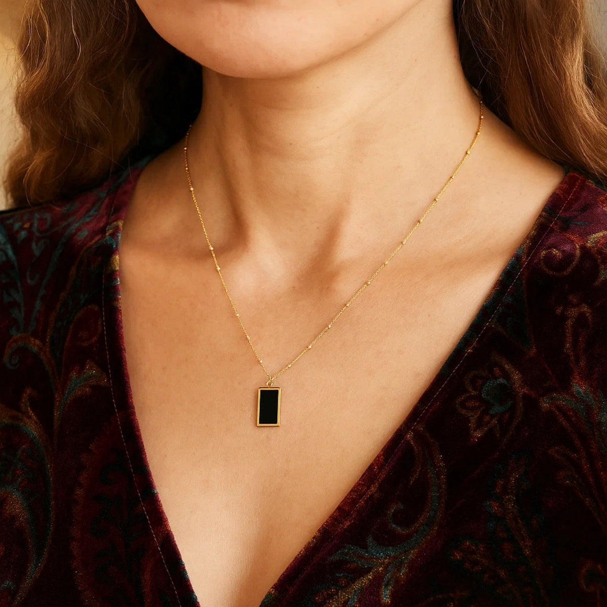 Black Onyx Rectangle Necklace in 14K Yellow Gold, worn