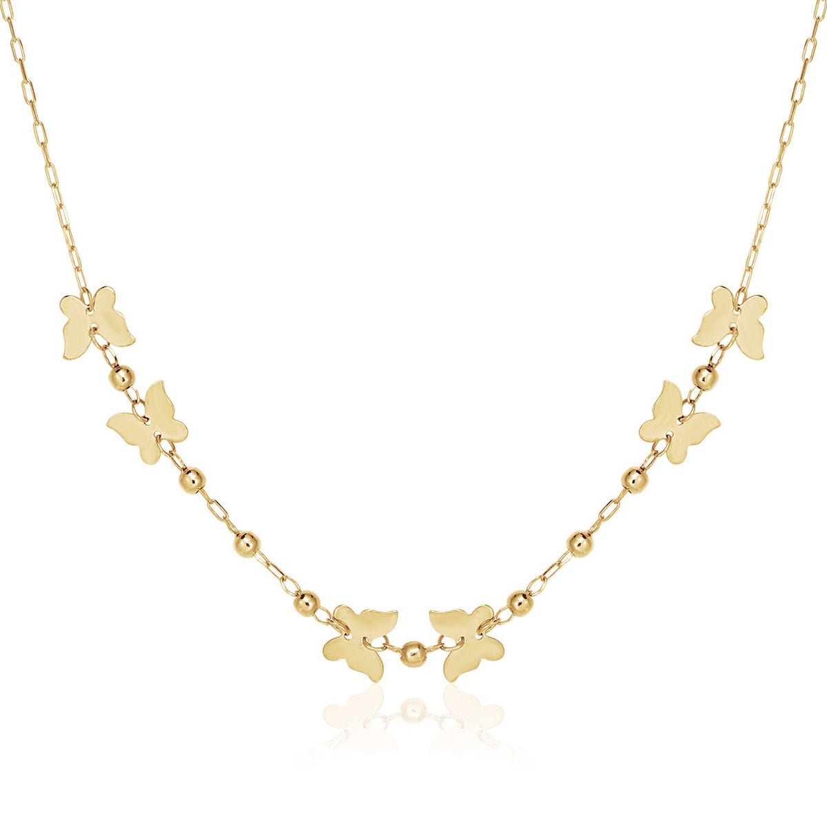 Butterfly and Bead Station Necklace in 14K Yellow Gold