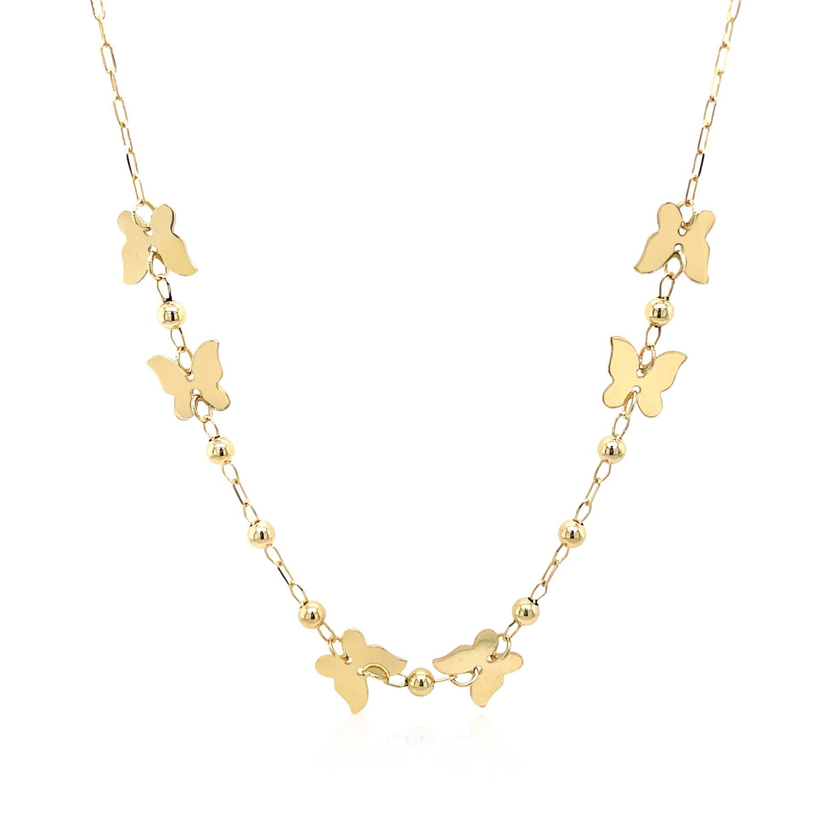 Butterfly and Bead Station Necklace in 14K Yellow Gold