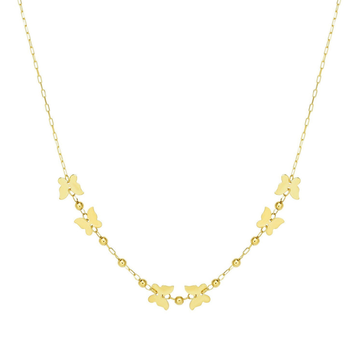Butterfly and Bead Station Necklace in 14K Yellow Gold