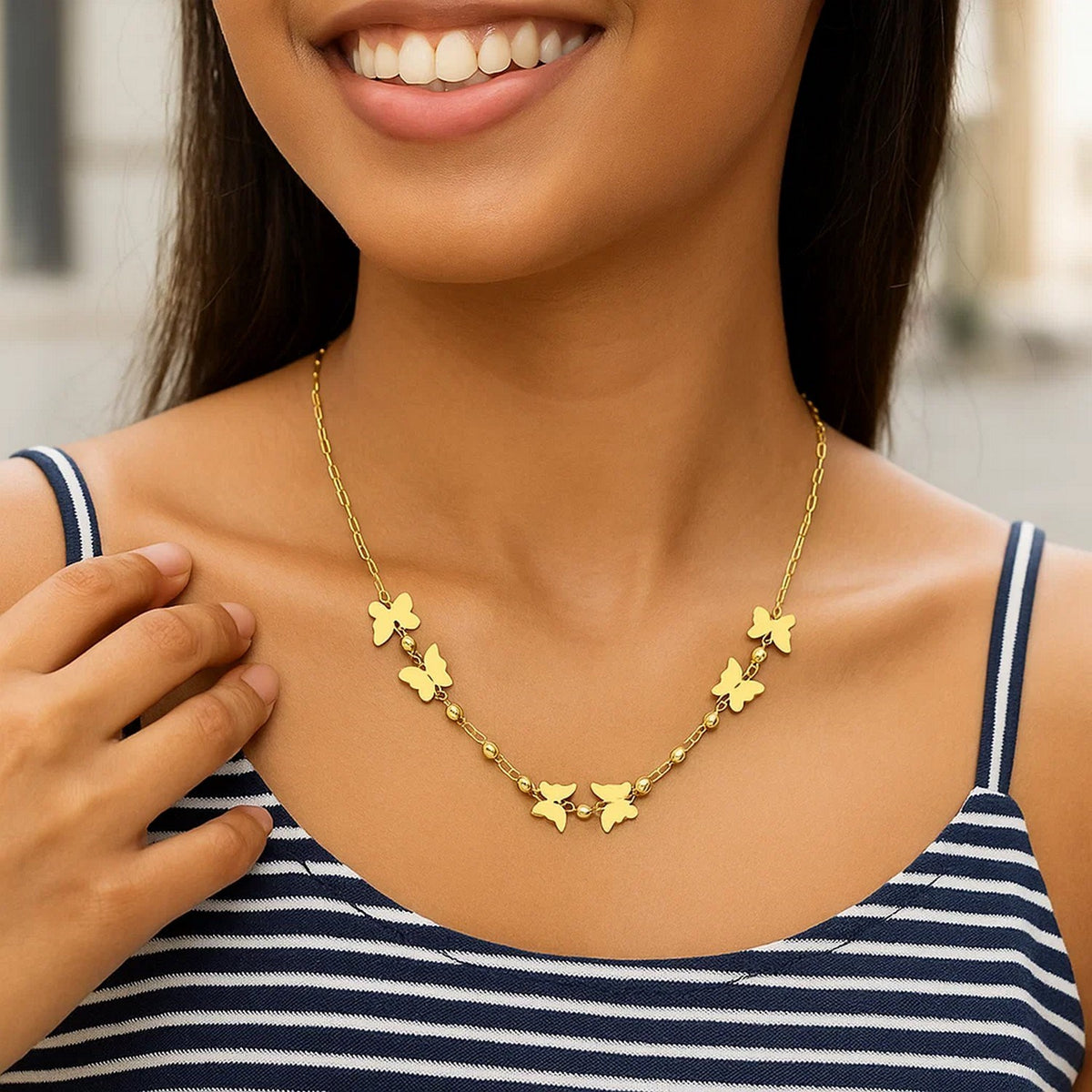 Butterfly and Bead Station Necklace in 14K Yellow Gold, worn