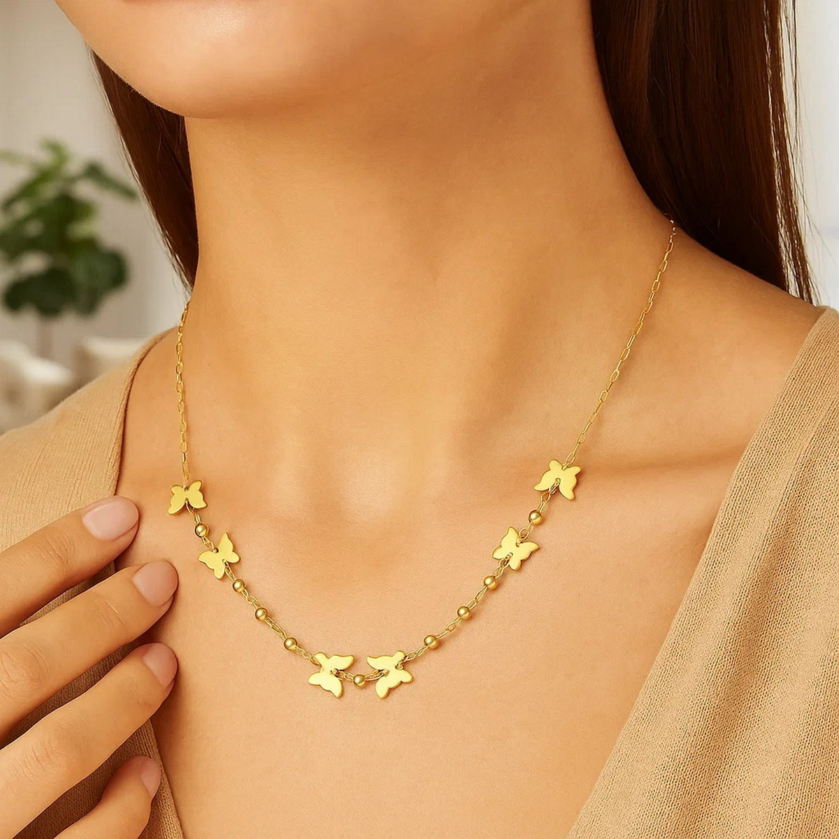 Butterfly and Bead Station Necklace in 14K Yellow Gold, worn