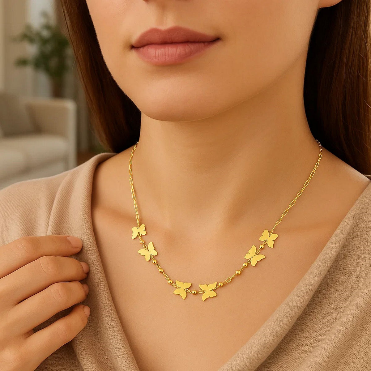 Butterfly and Bead Station Necklace in 14K Yellow Gold, worn