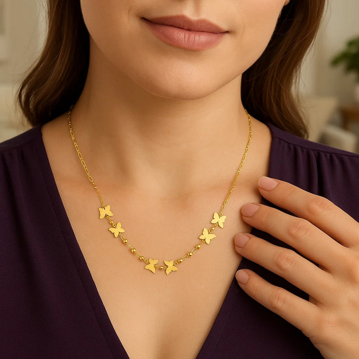 Butterfly and Bead Station Necklace in 14K Yellow Gold, worn