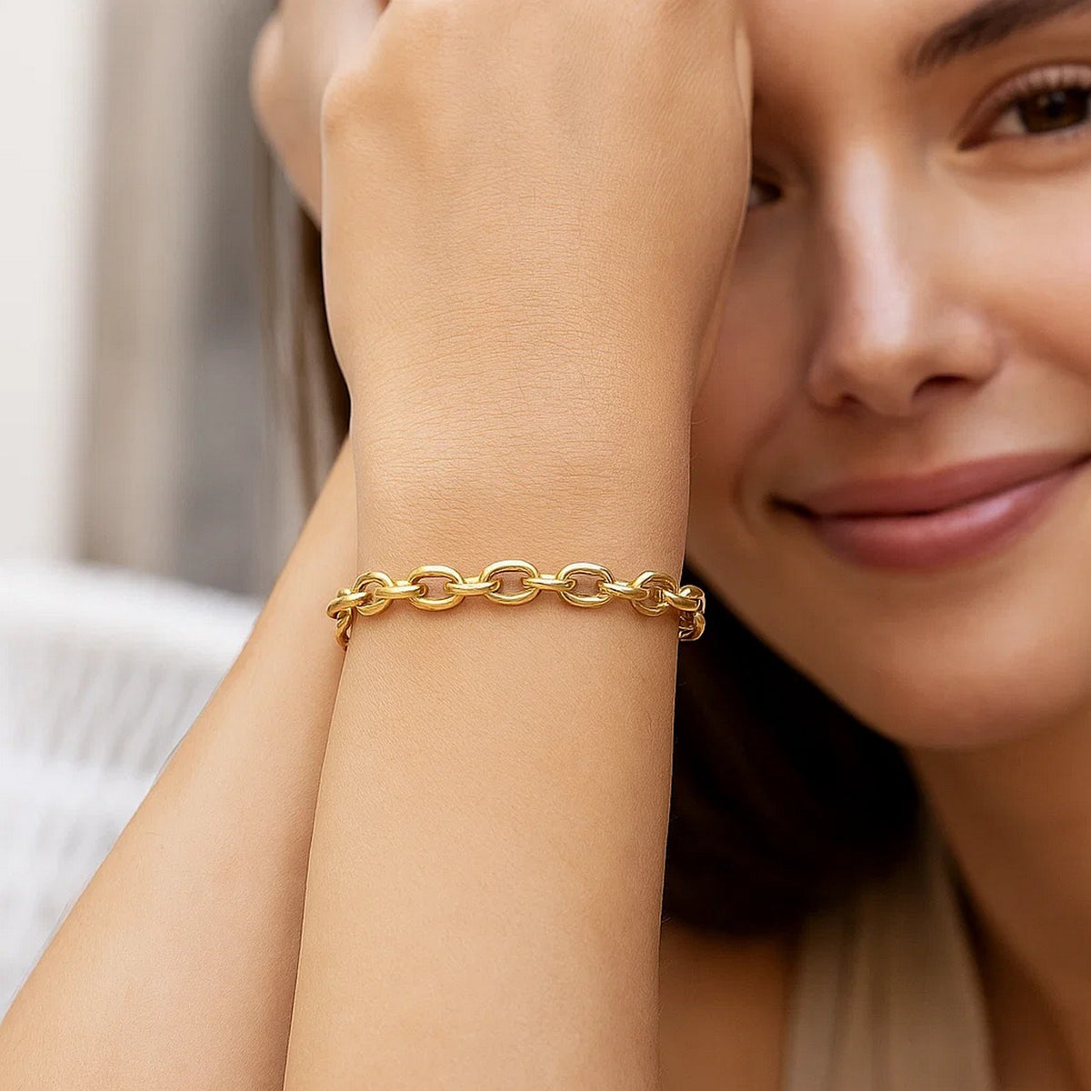 Charm Lock Rolo Bracelet in 14K Yellow Gold, worn
