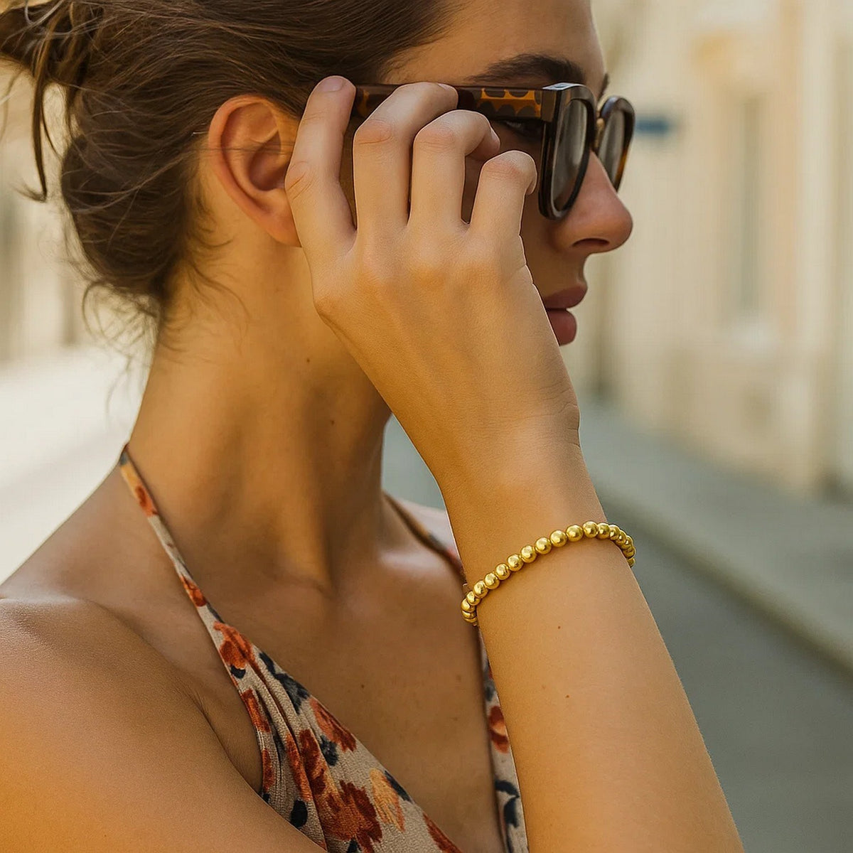 Polished Bead Bracelet in 14K Yellow Gold, worn