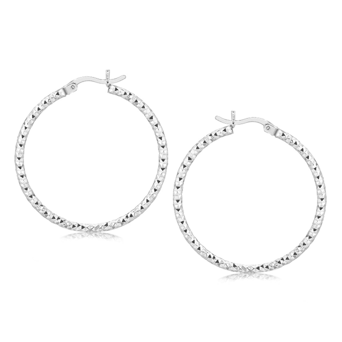 Woven Style Polished Hoop Earrings in Rhodium-Plated Sterling Silver (2x30mm)