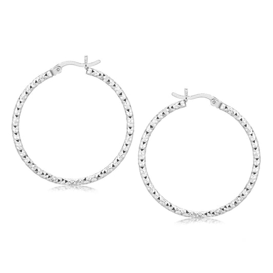 Woven Style Polished Hoop Earrings in Rhodium-Plated Sterling Silver (2x30mm)