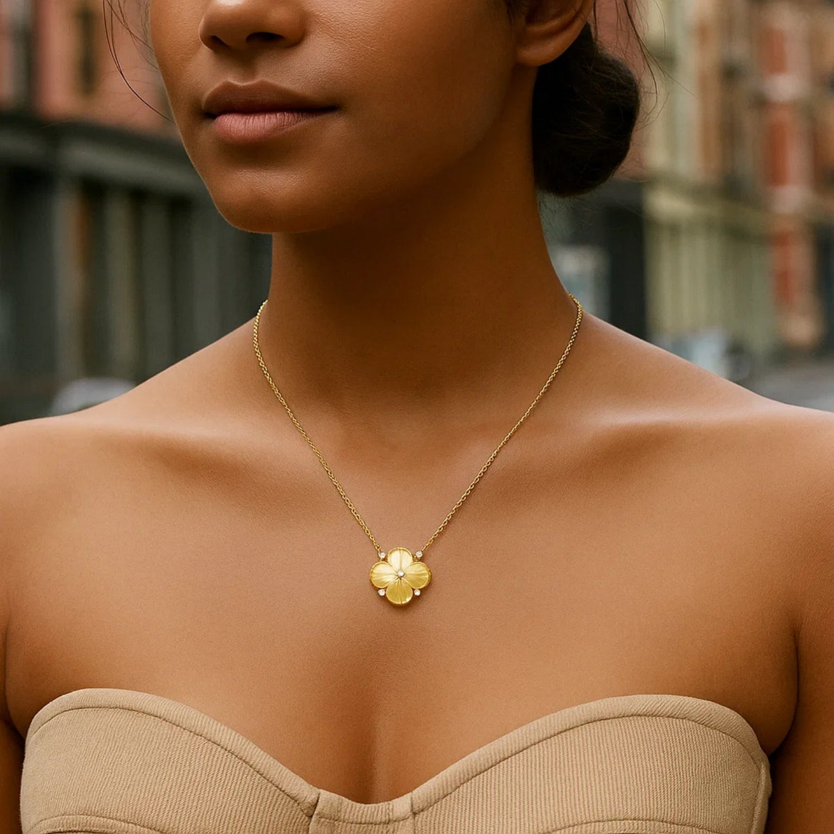 Sunburst Diamond Clover Necklace in 14K Yellow Gold, worn