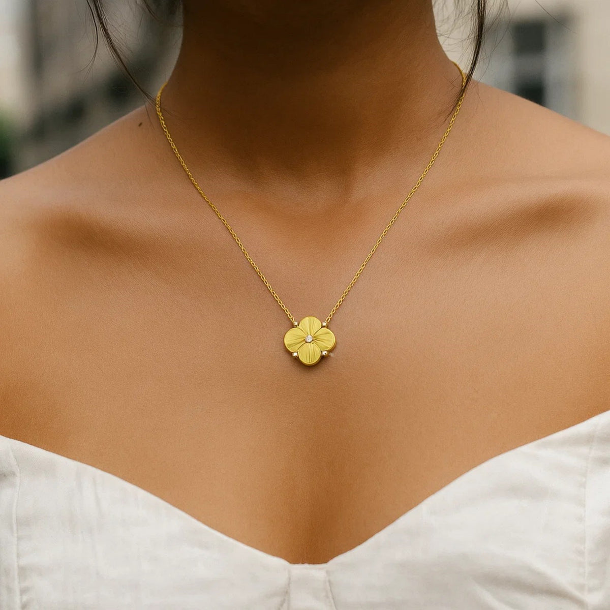 Sunburst Diamond Clover Necklace in 14K Yellow Gold, worn