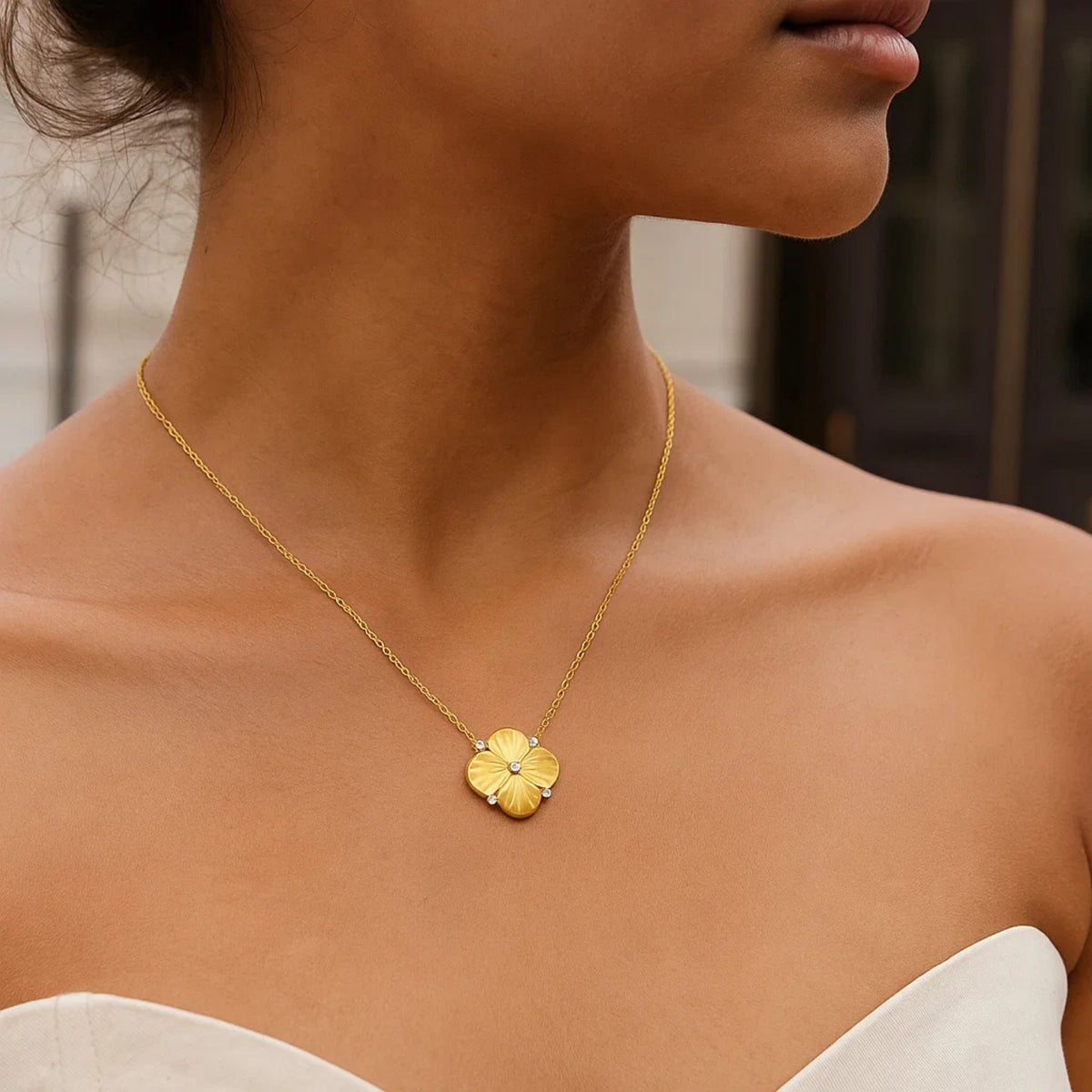 Sunburst Diamond Clover Necklace in 14K Yellow Gold, worn