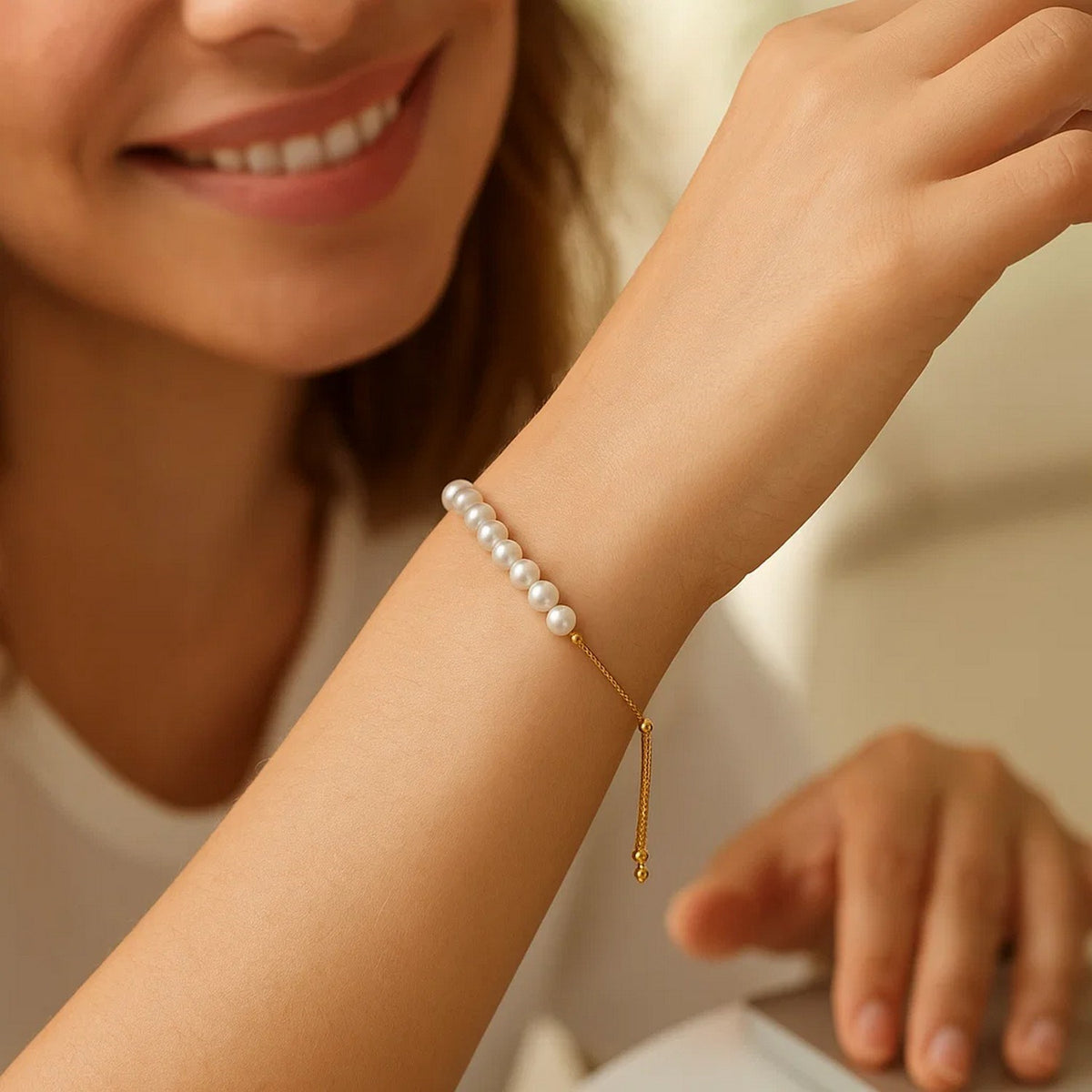 Adjustable Pearl Friendship Bracelet in 14K Yellow Gold, worn