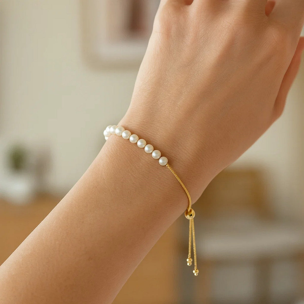 Adjustable Pearl Friendship Bracelet in 14K Yellow Gold, worn