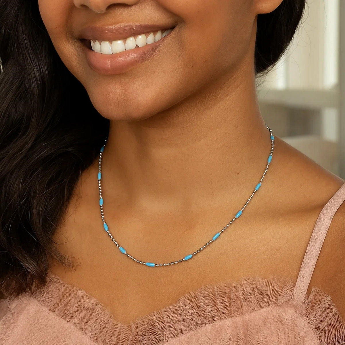 Blue Enamel Beaded Necklace in Rhodium-Plated Sterling Silver