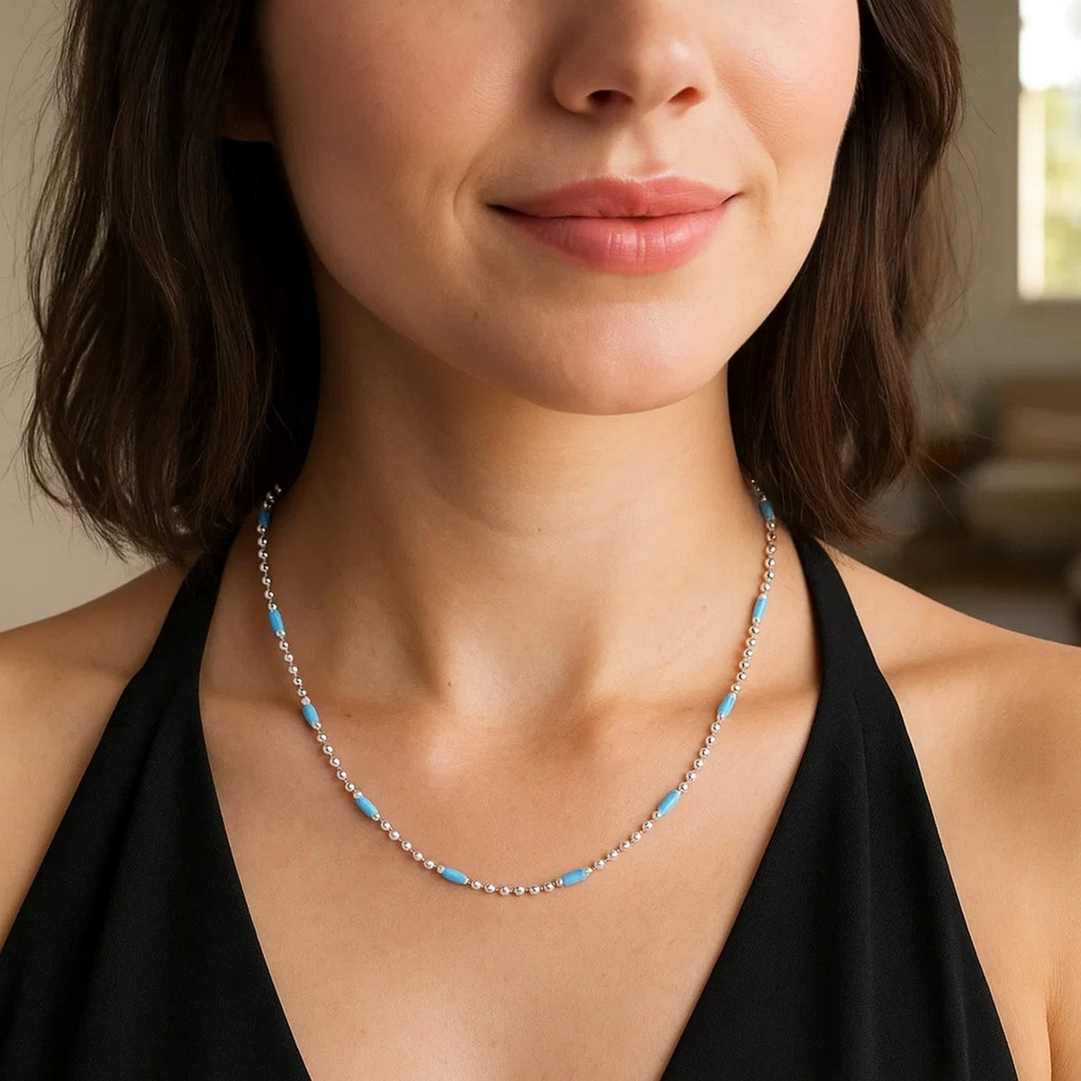 Blue Enamel Beaded Necklace in Rhodium-Plated Sterling Silver