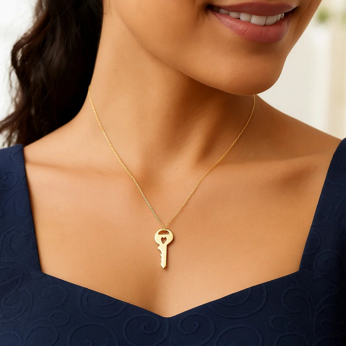 Heart Cutout Key Necklace in 14K Yellow Gold, worn