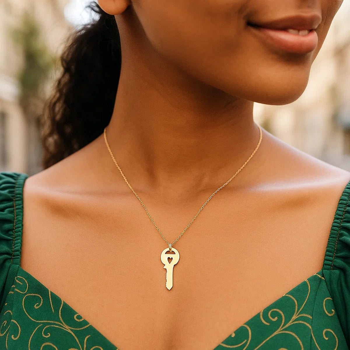 Heart Cutout Key Necklace in 14K Yellow Gold, worn