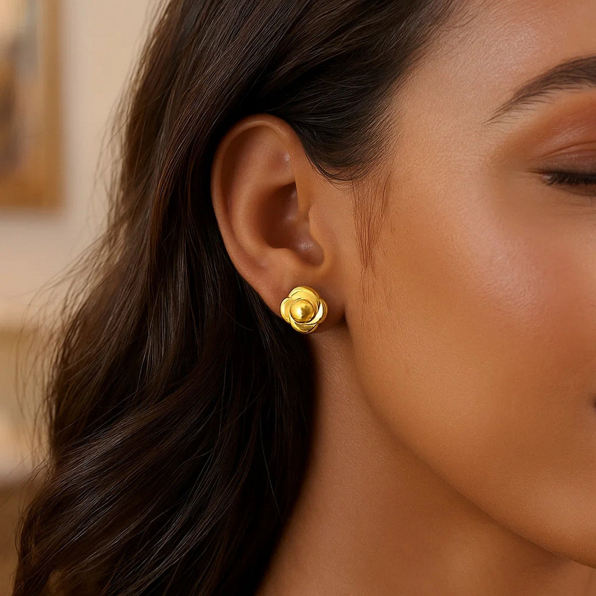 Rose Flower Stud Earrings in 14K Yellow Gold, worn