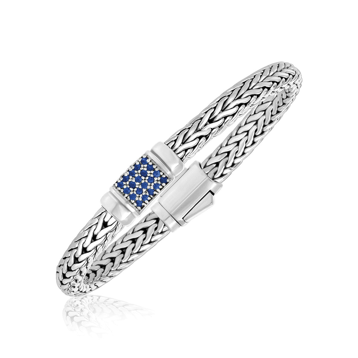 Weave Motif Bracelet with Blue Sapphire Embellishments in Sterling Silver (7.00 mm)
