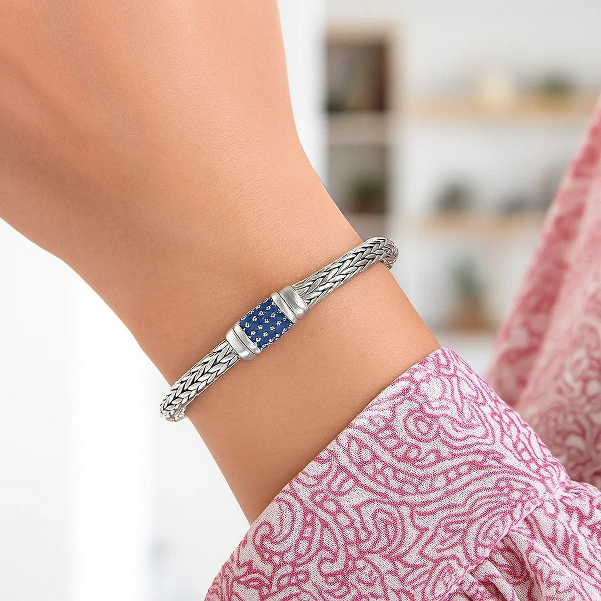 Weave Motif Bracelet with Blue Sapphire Embellishments in Sterling Silver (7.00 mm)