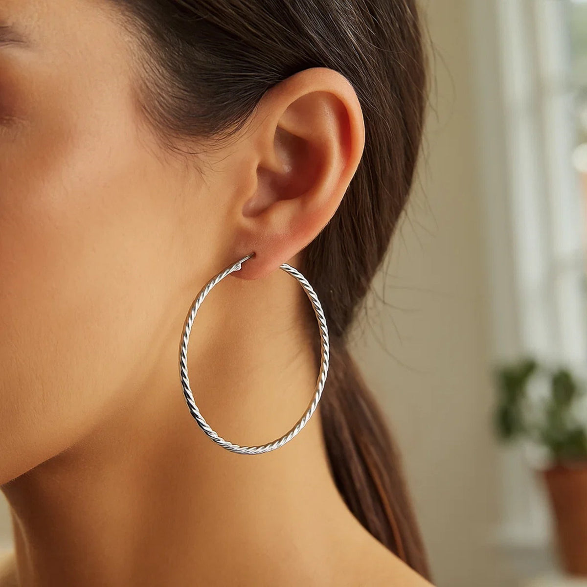 Hoop Earrings with Twist Texture in Sterling Silver (50mm)