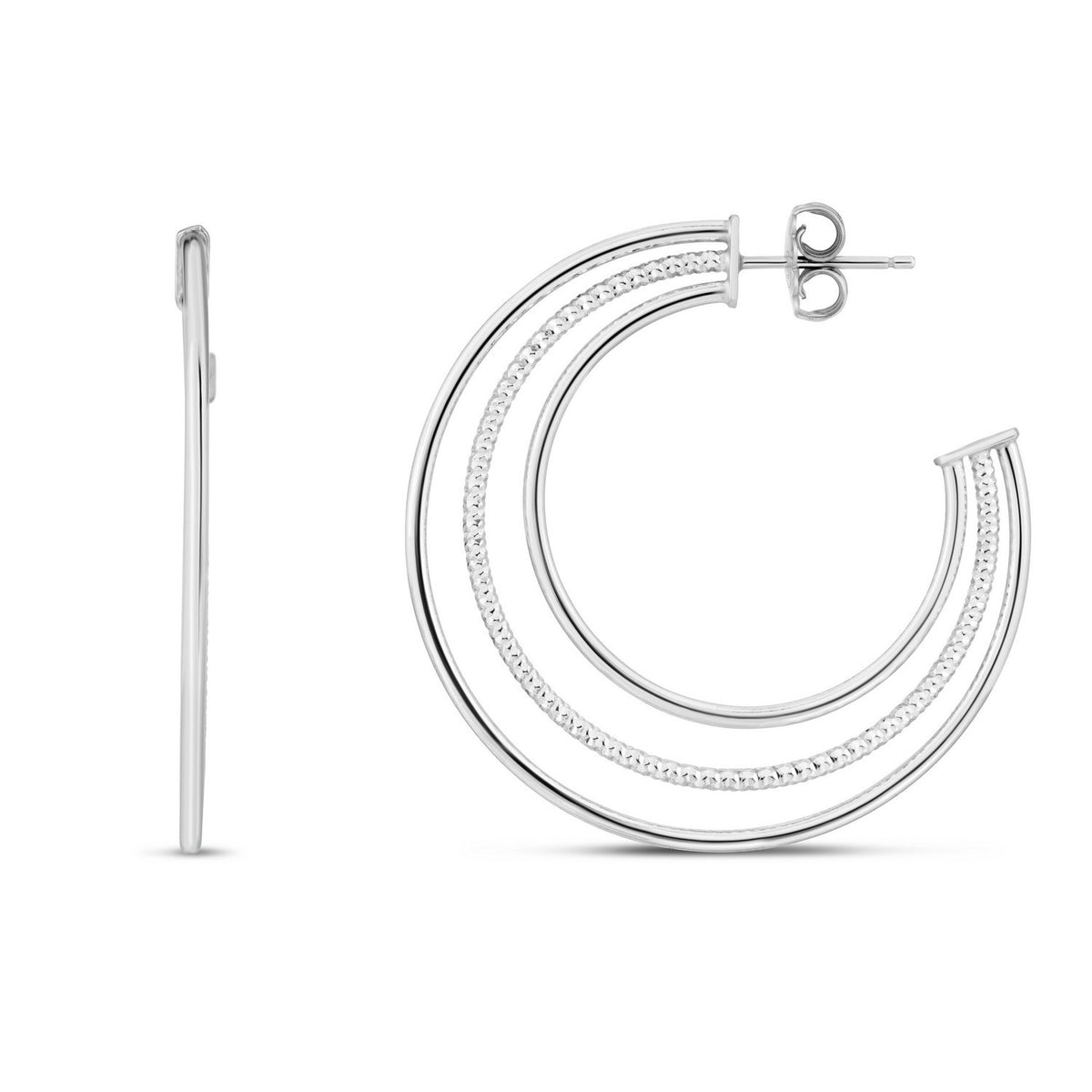 Diamond Cut and Polished Three Row Hoop Earrings in Sterling Silver