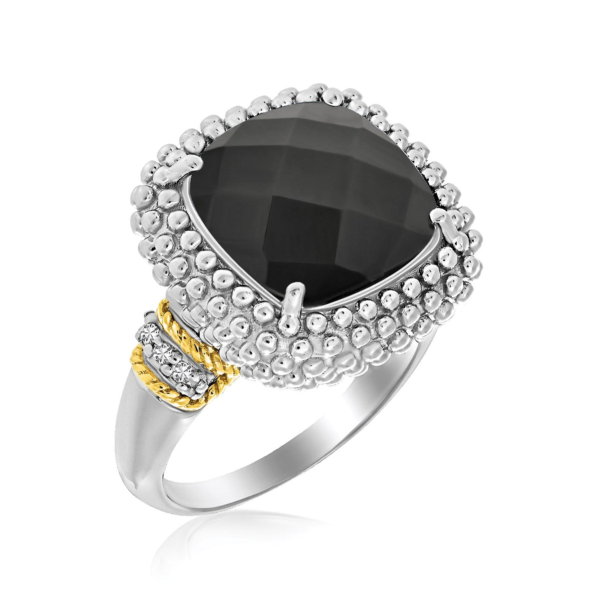 Black Onyx & Diamond Popcorn Cushion Ring in 18K Gold