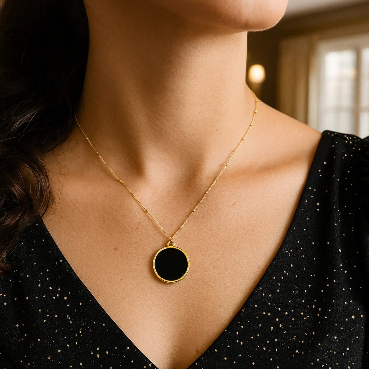Black Onyx Circle Necklace in 14K Yellow Gold, worn