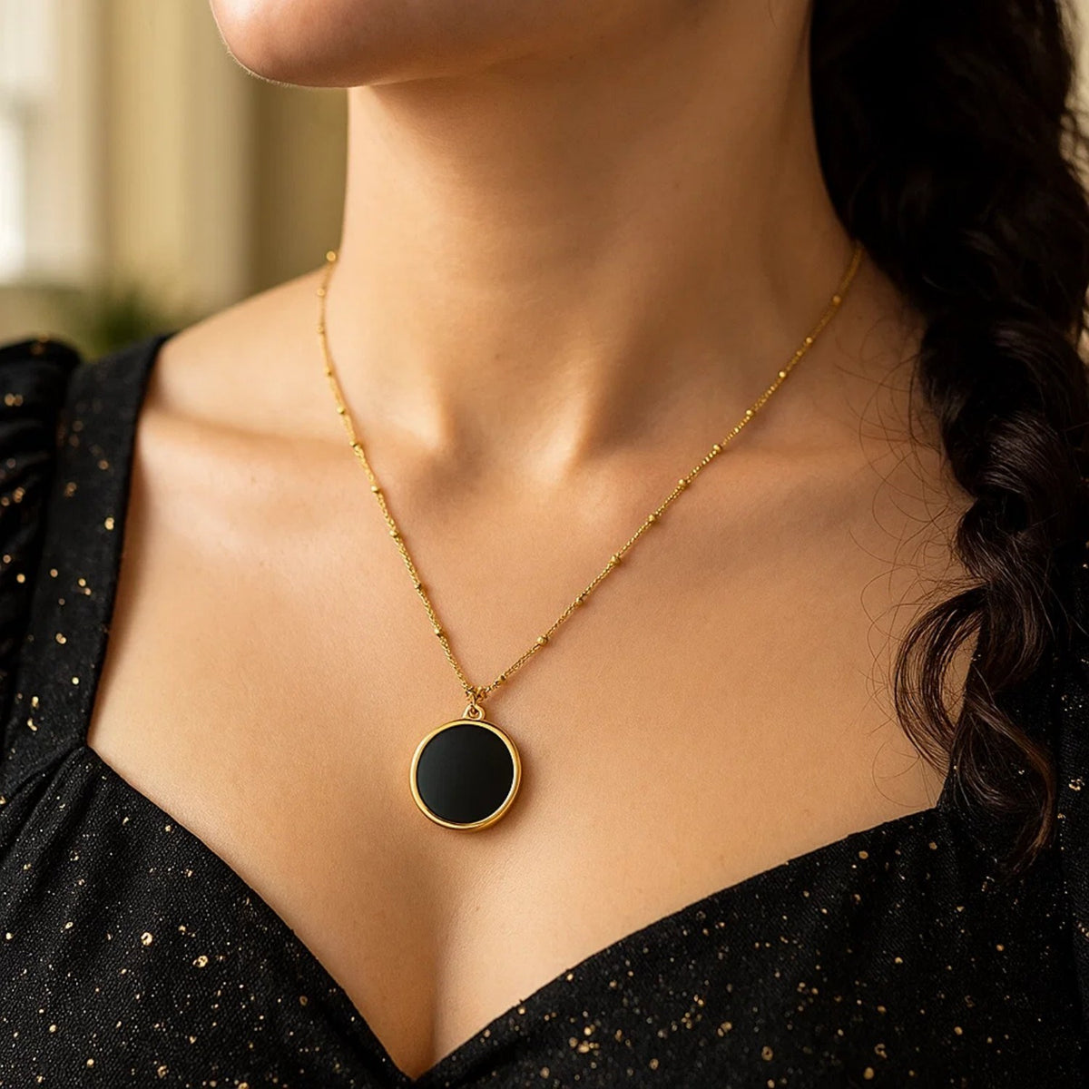Black Onyx Circle Necklace in 14K Yellow Gold, worn