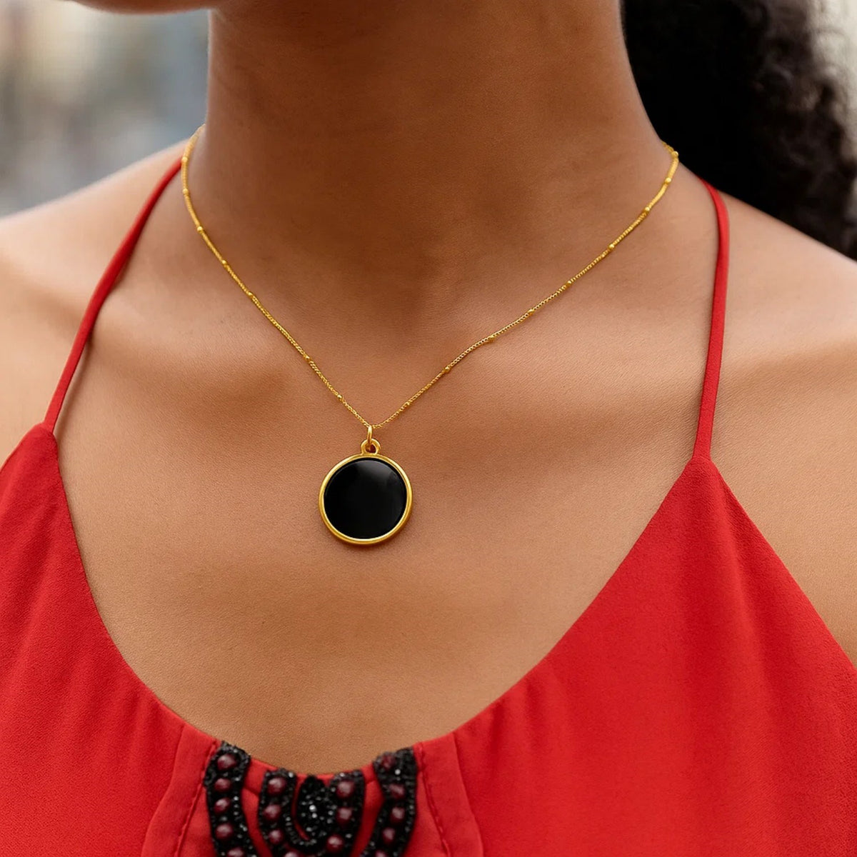 Black Onyx Circle Necklace in 14K Yellow Gold, worn