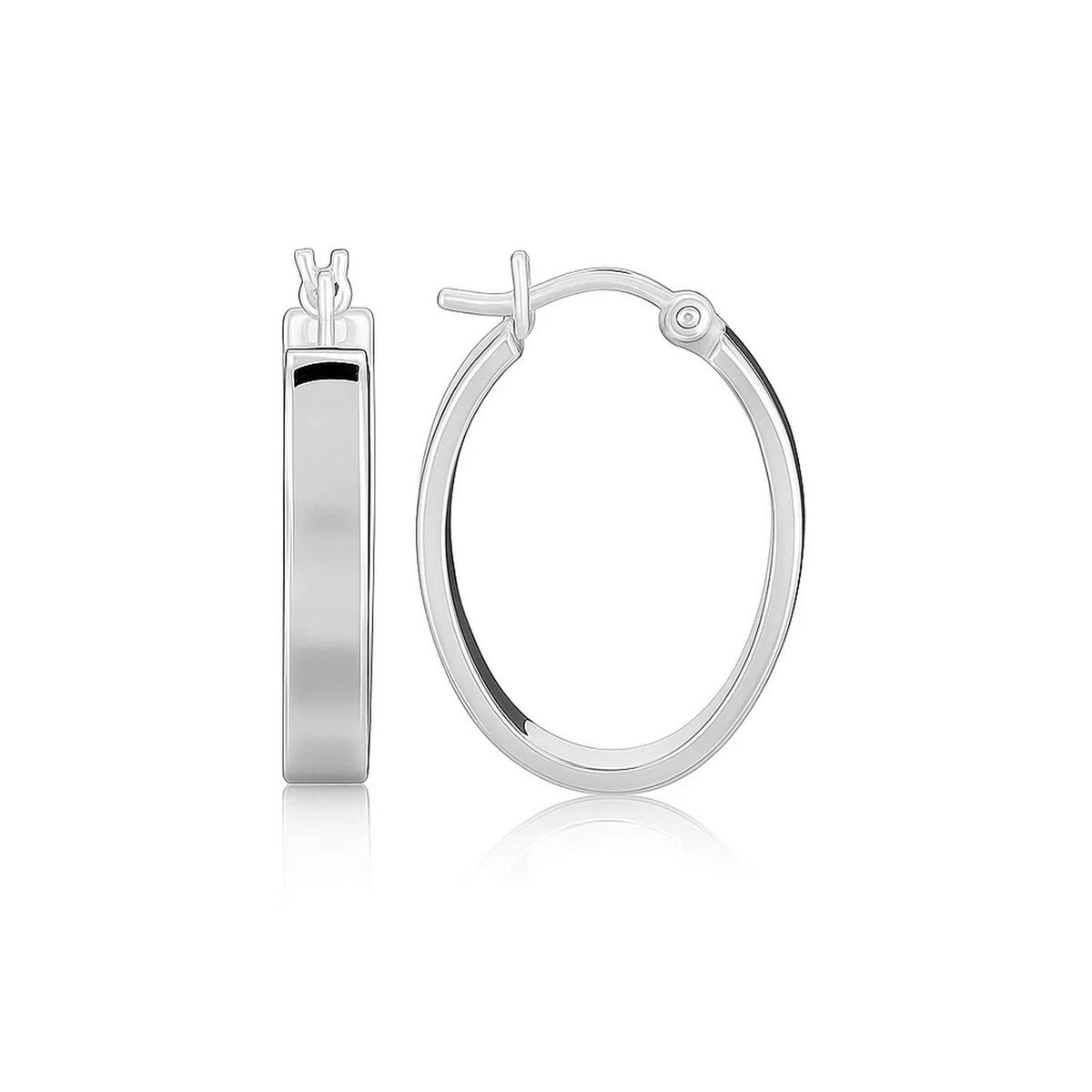 Flat Style Oval Hoop Earrings with Rhodium Plating in Sterling Silver (4x14mm)