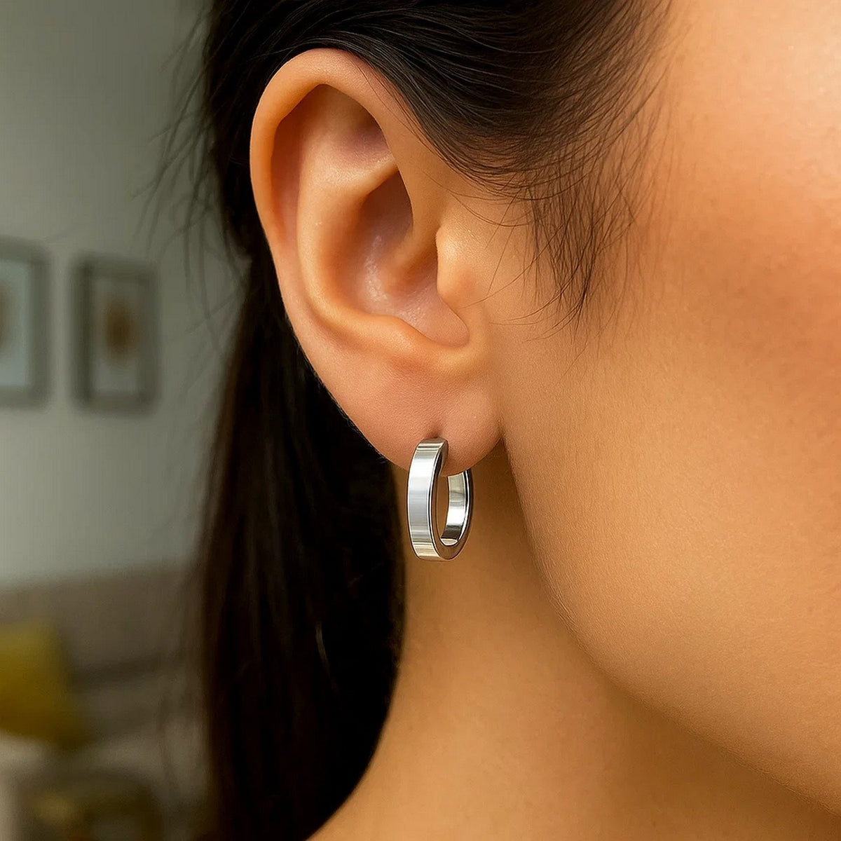 Flat Style Oval Hoop Earrings with Rhodium Plating in Sterling Silver (4x14mm)
