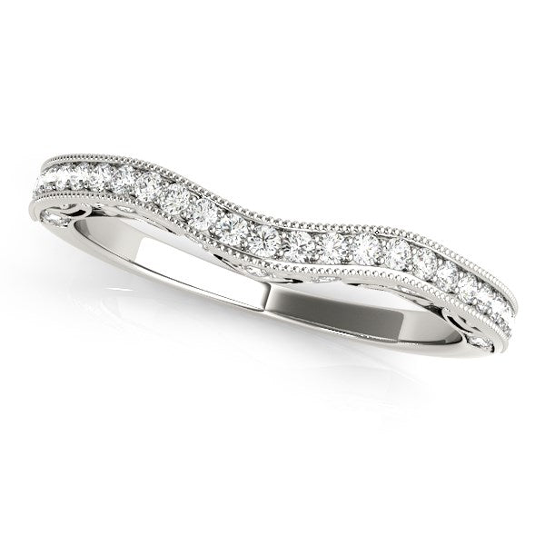Milgrained Pave Set Curved Diamond Wedding Band in 14K White Gold (1/5 cttw)