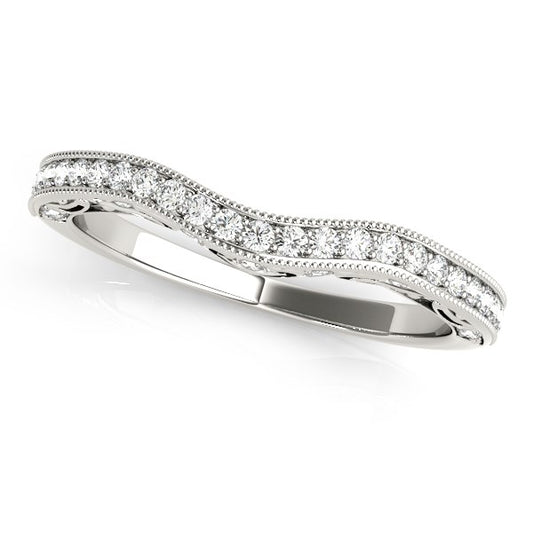 Milgrained Pave Set Curved Diamond Wedding Band in 14K White Gold (1/5 cttw)