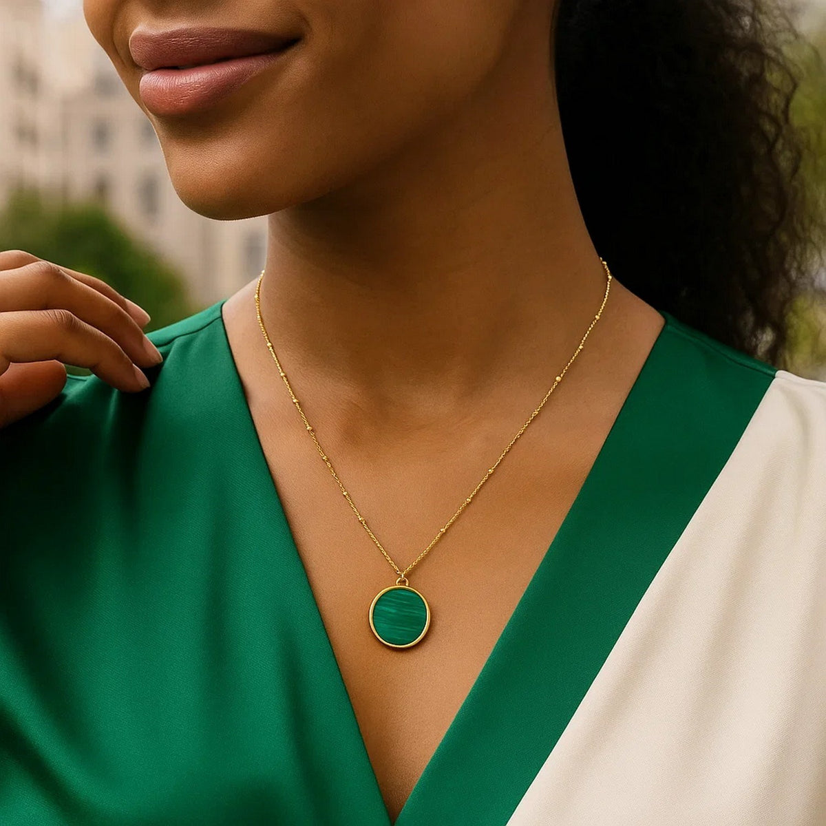 Malachite Circle Necklace in 14K Yellow Gold, worn