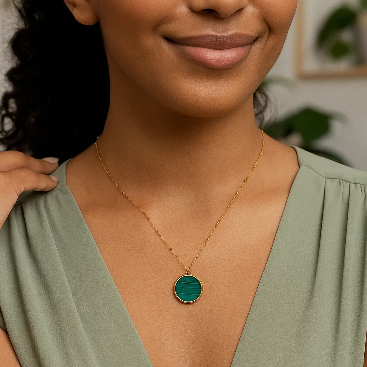 Malachite Circle Necklace in 14K Yellow Gold, worn