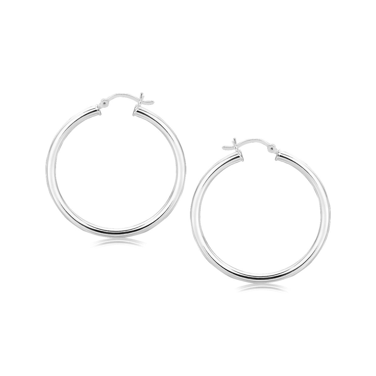 Polished Motif Hoop Earrings in Rhodium-Plated Silver (3x35mm)