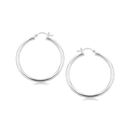 Polished Motif Hoop Earrings in Rhodium-Plated Silver (3x35mm)