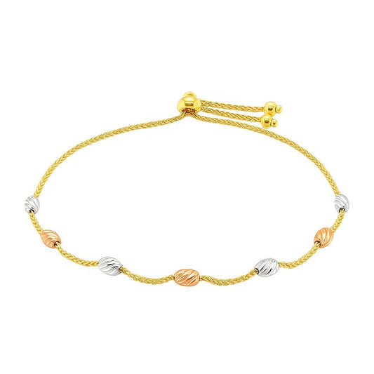 Diamond-Cut Oval Station Bolo Bracelet in 14K Tri-Color Gold
