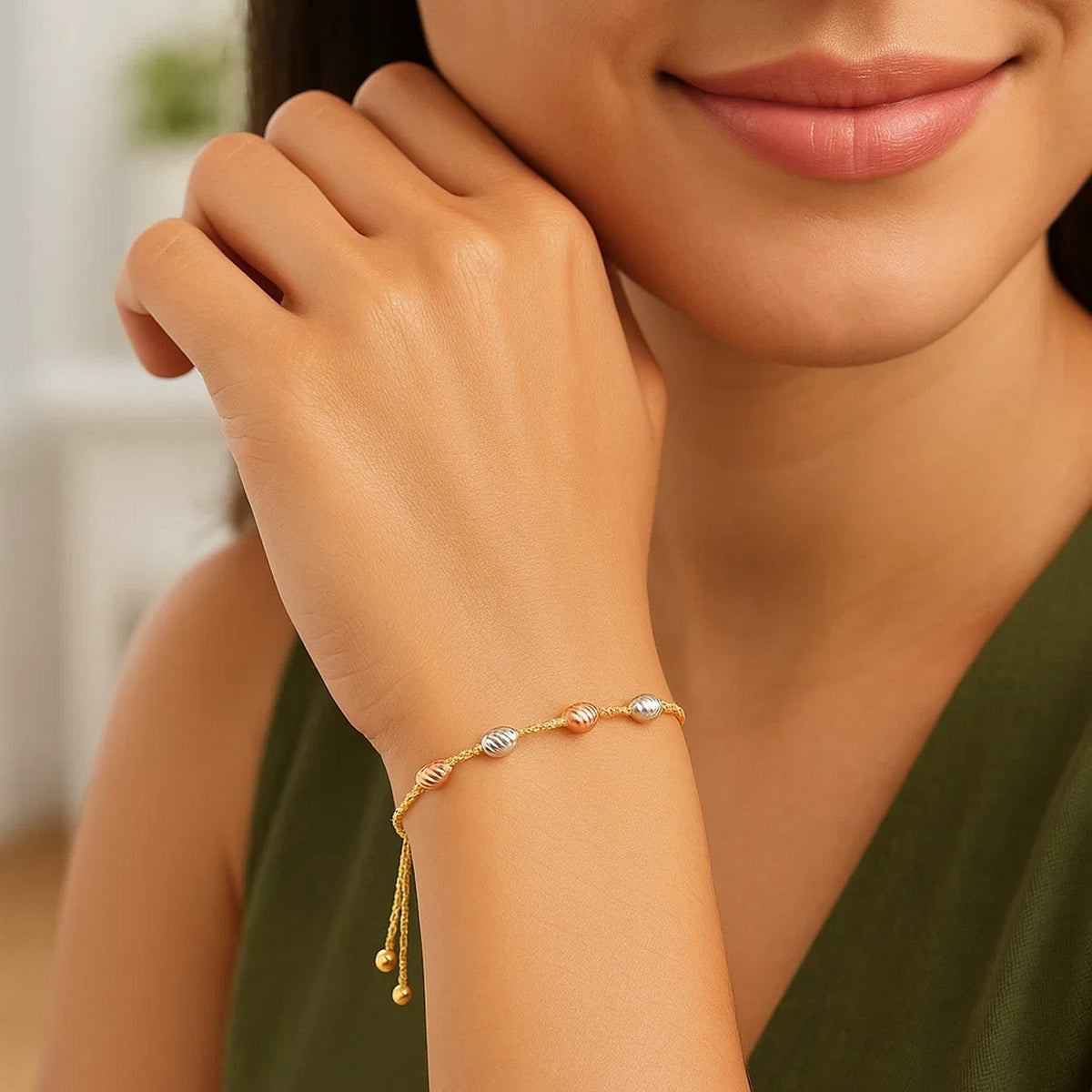 Diamond-Cut Oval Station Bolo Bracelet in 14K Tri-Color Gold, worn