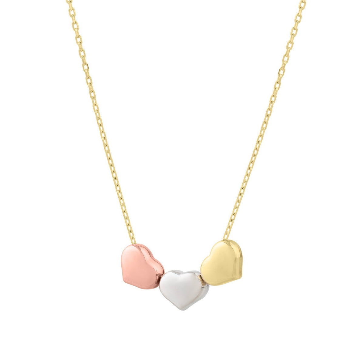 Tri-Color Triple Heart Necklace in 14K Gold