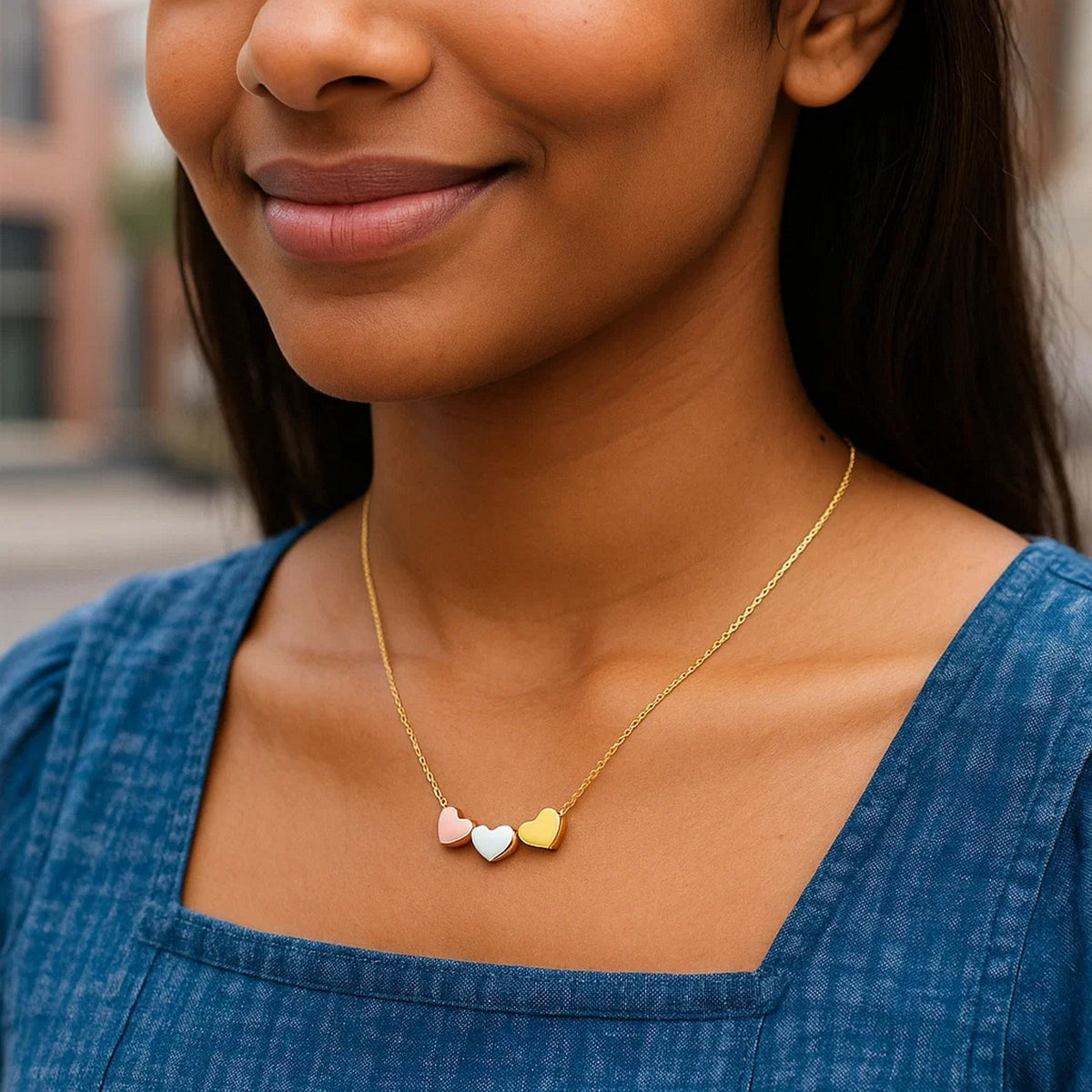 Tri-Color Triple Heart Necklace in 14K Gold, worn
