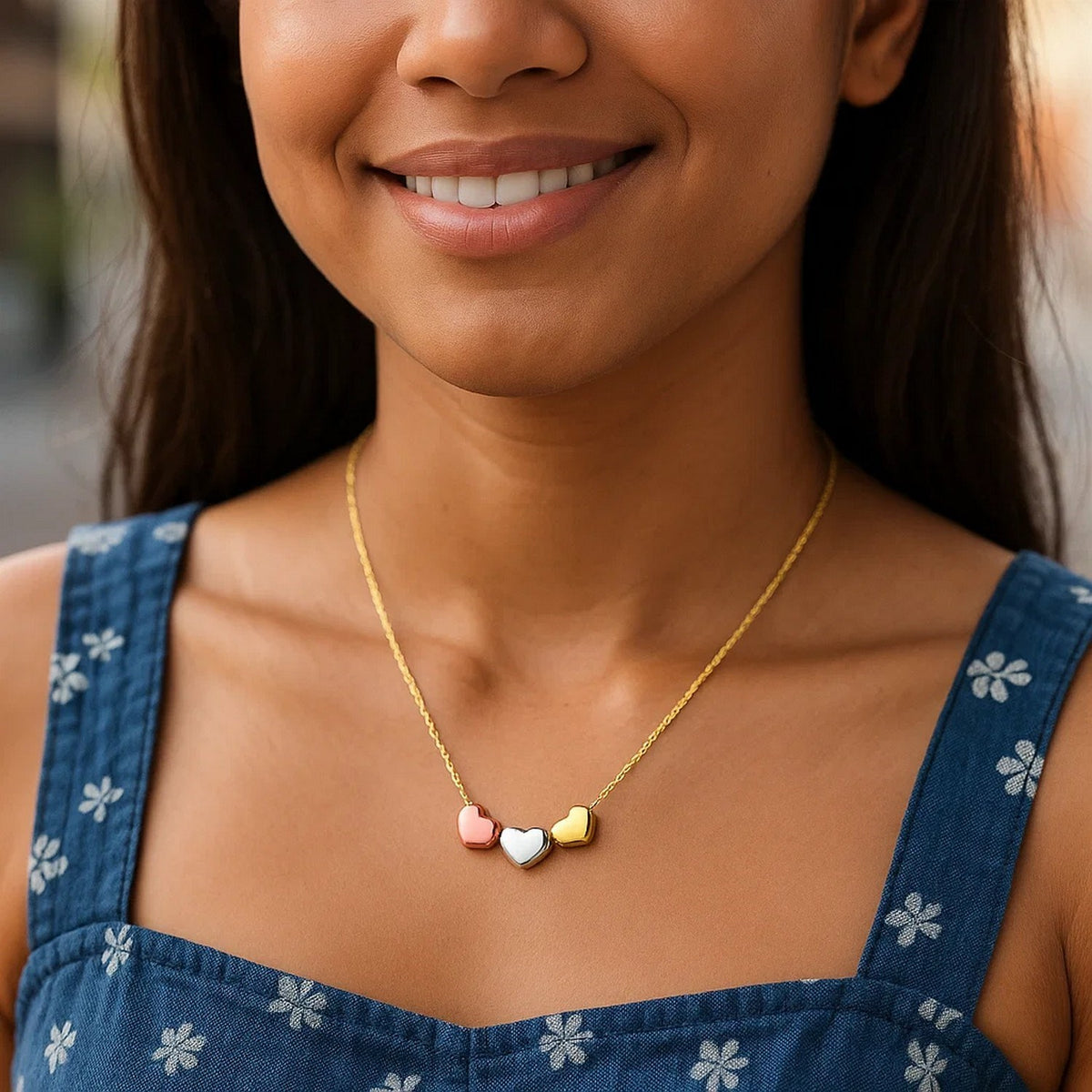 Tri-Color Triple Heart Necklace in 14K Gold, worn