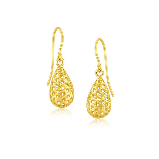 Honeycomb Teardrop Drop Earrings in 14K Yellow Gold