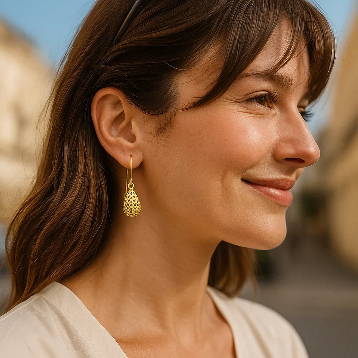 Honeycomb Teardrop Drop Earrings in 14K Yellow Gold, worn