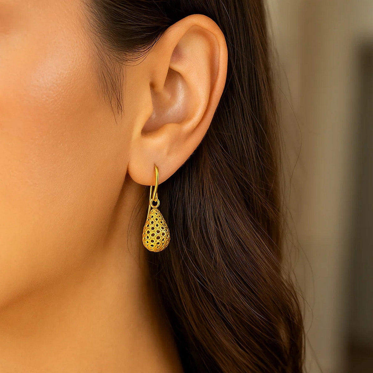 Honeycomb Teardrop Drop Earrings in 14K Yellow Gold, worn