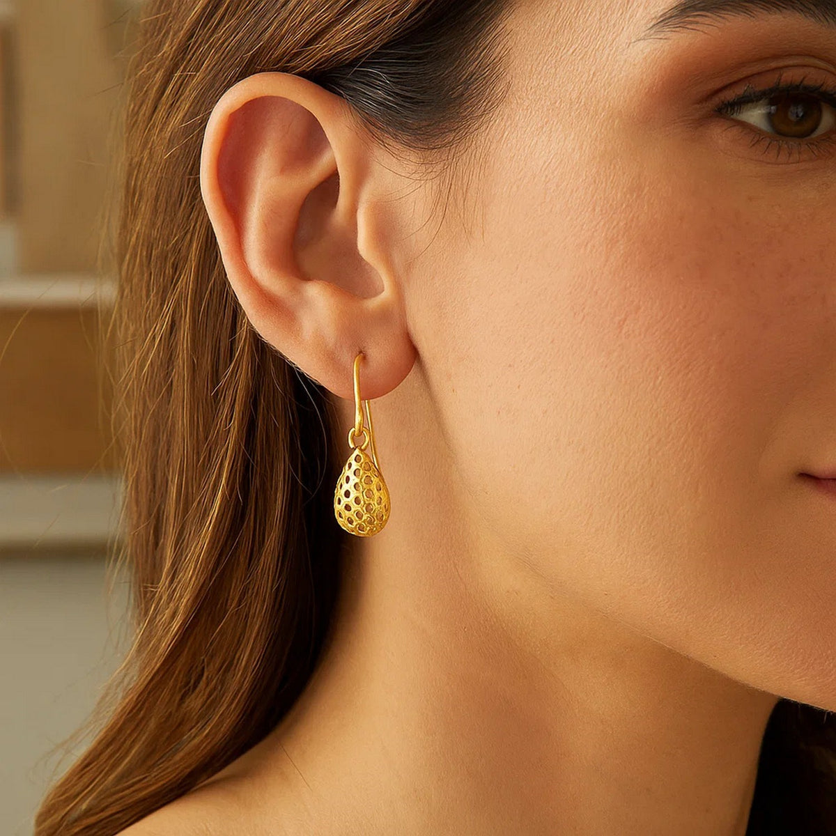 Honeycomb Teardrop Drop Earrings in 14K Yellow Gold, worn