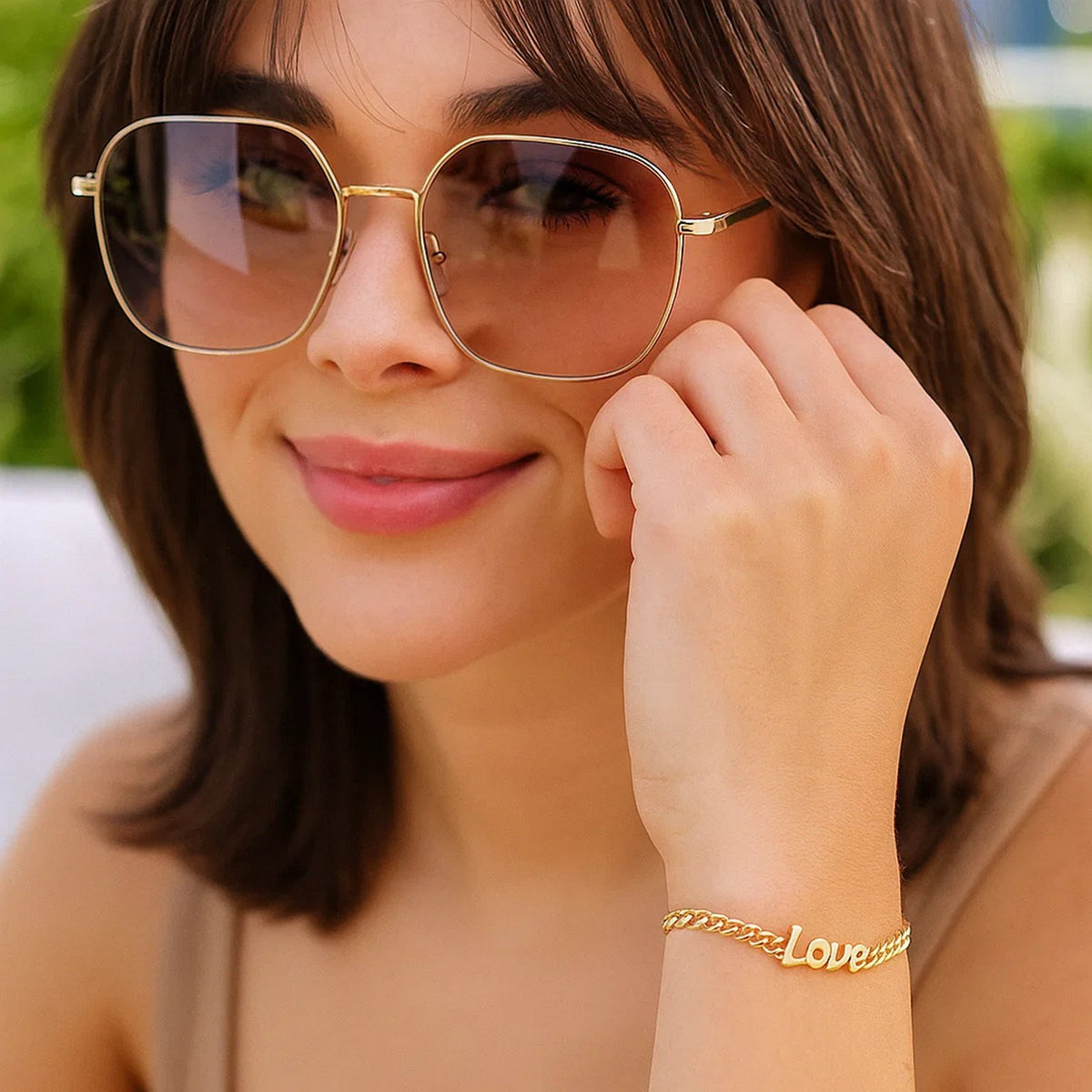 Script Love Curb Chain Bracelet in 14K Yellow Gold, worn